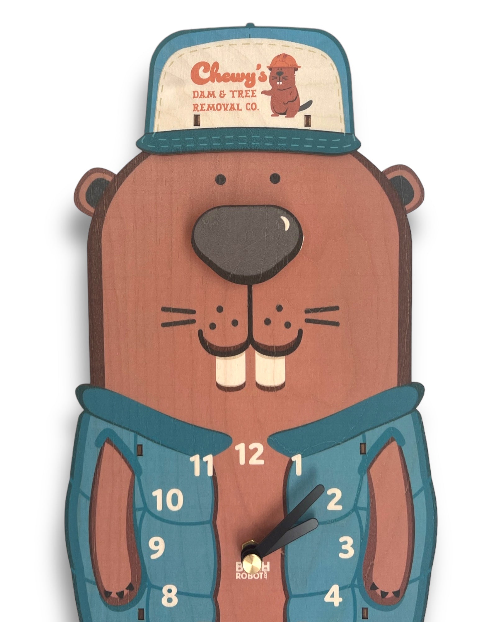 Chewy the Beaver pendulum clock with vest and trucker hat